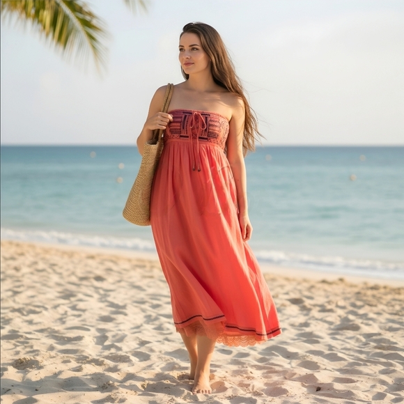 Esley ✦ Coral Strapless Midi Dress ✦ Embroidered w/ Lace-Up Bust & Boho Hem Sz S - Picture 1 of 13